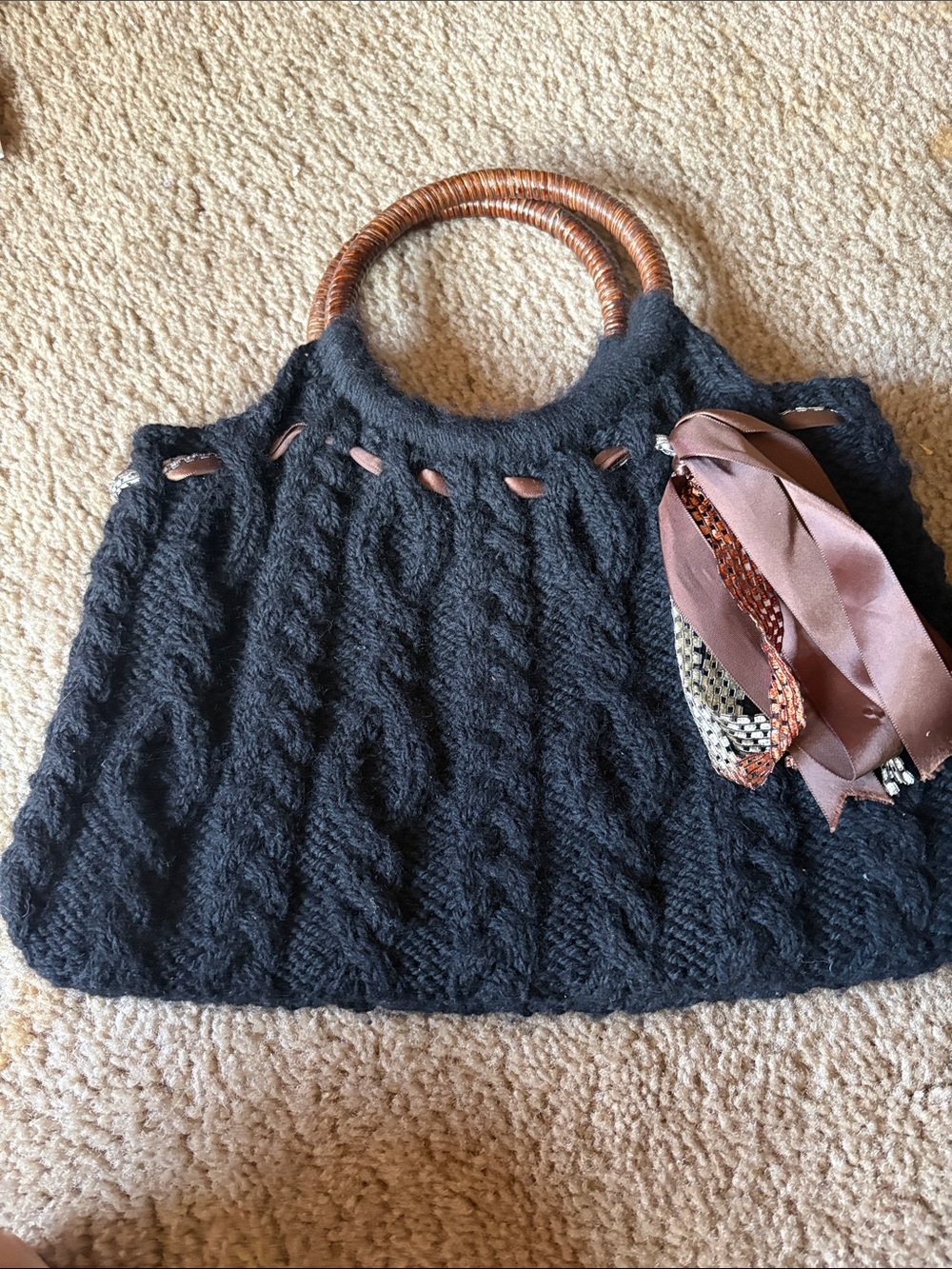 Handmade Woven-Handle Black Cable-Knit Tote with Ribbon Accent